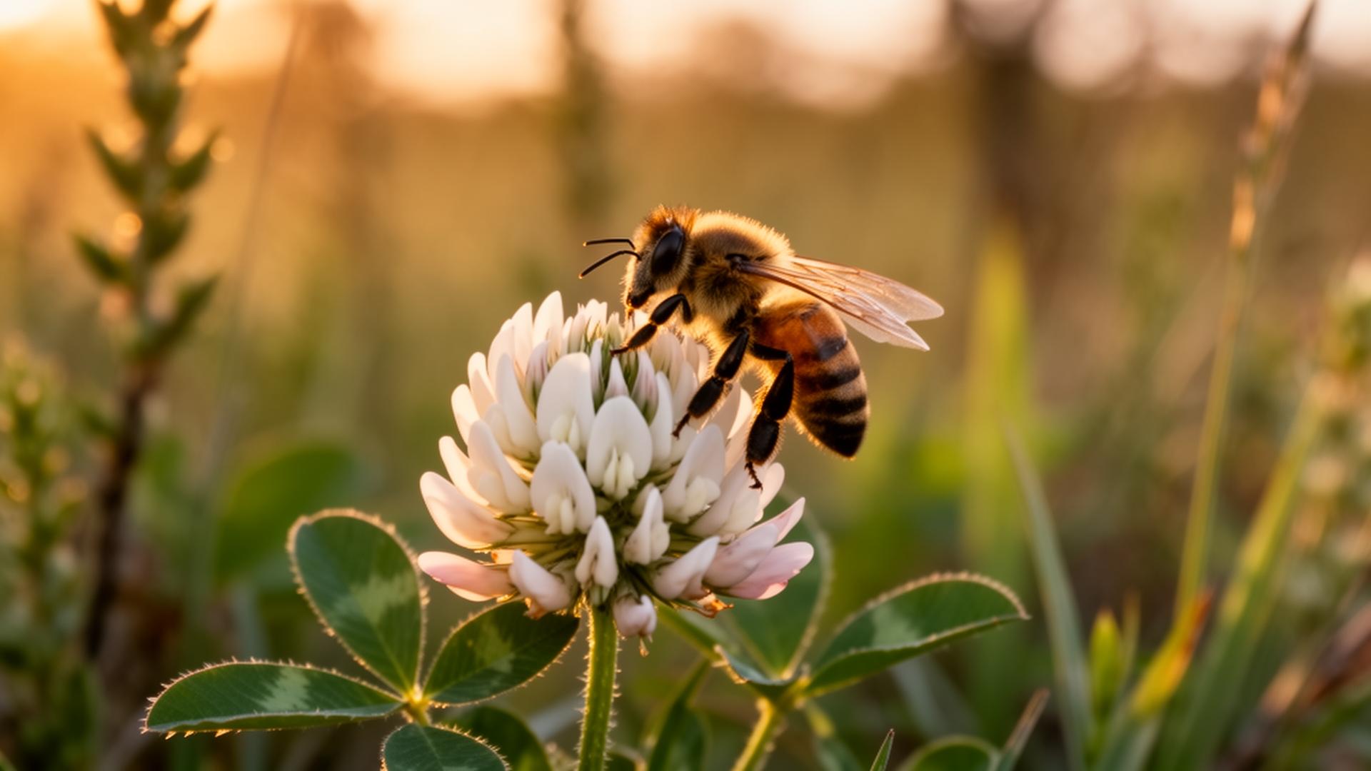 Abeja sobre flor de trébol blanco en el monte uruguayo